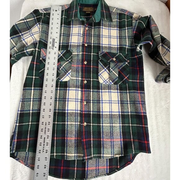 Eddie Bauer Mens Small Flannel Plaid Shirt Green Button Up Wool Blend Pockets - Picture 7 of 9